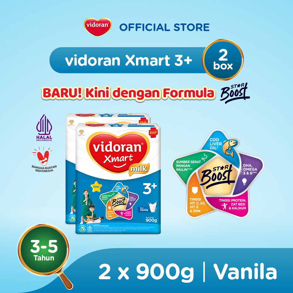 vidoran Xmart 3+ Vanilla 900gr Susu Formula Pertumbuhan Anak 3-5 Tahun - 2 box (Exp : 07.2027)