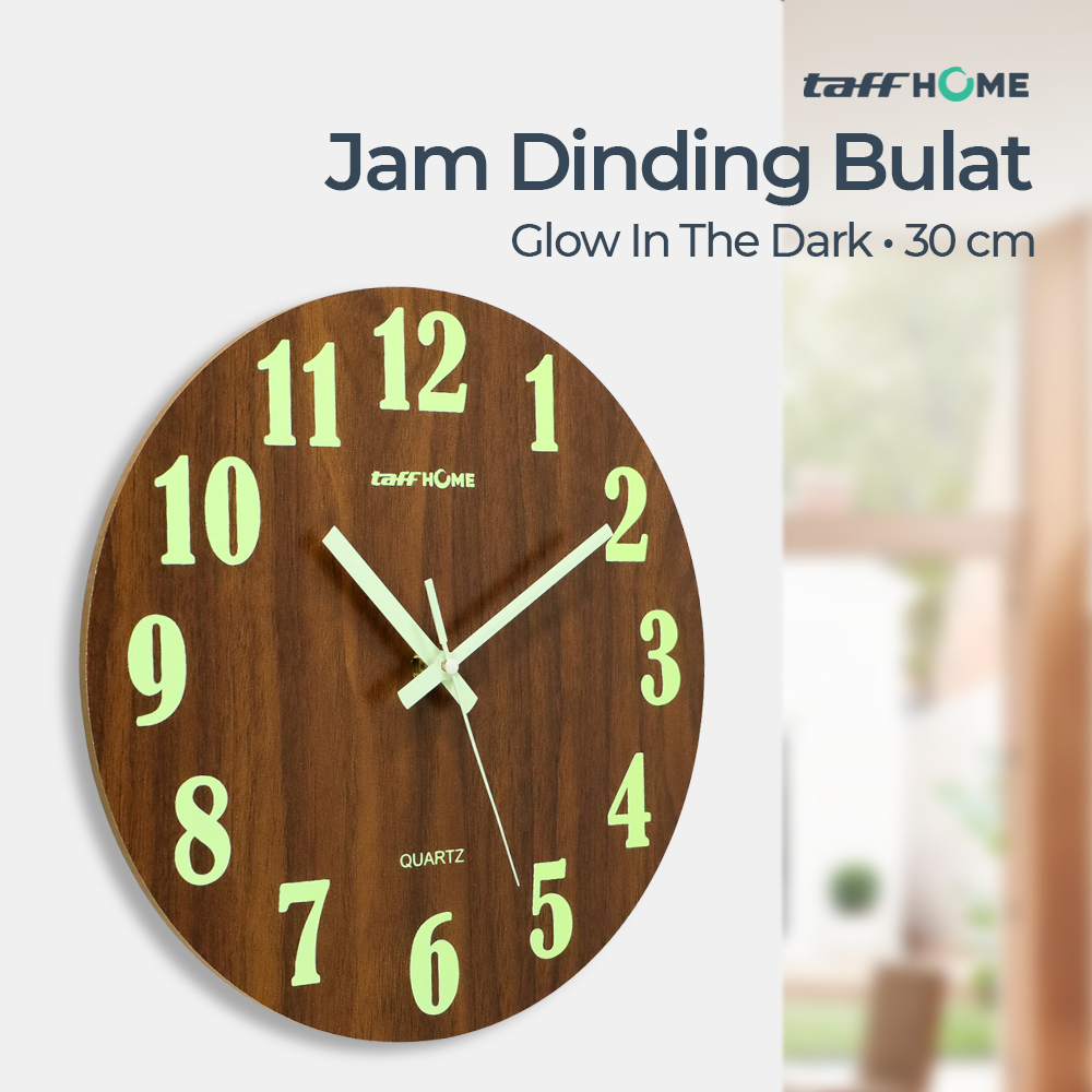 Jam Dinding Quartz Luminous Glow in The Dark Diameter 30 cm Material Kayu