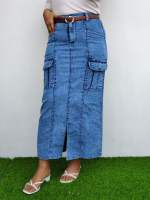 P&G.JEANS Shynsi Rok Jeans Skirt Panjang Wanita Kantong Kancing Karet Belah Depan