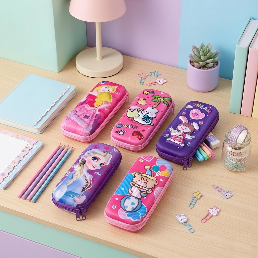 Tempat Pensil Hard Case / Kotak Pensil 3D Embossed Print PC-201 / Tempat Pensil Motif Timbul PC-401 / Pencil Case Karakter Lucu COMBO