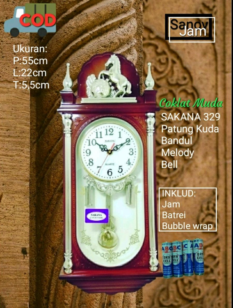 paket Jam Dinding bandul klasik bunyi Melody Lonceng Sakana 329 patung kuda 55x22cm free Batrei