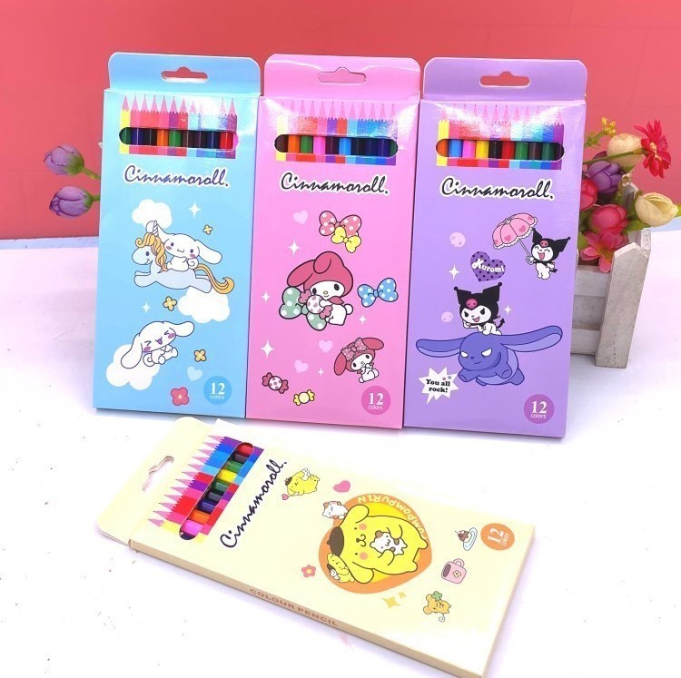 Pensil Warna Tabung Isi 12Pcs Bonus Rautan Edisi Sanrio Cinnamoroll Kuromi Alat Tulis Sekolah Anak