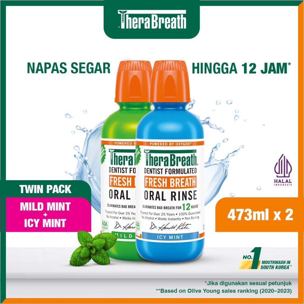 TheraBreath Oral Rinse Icy Mint + Mild Mint 473ml
