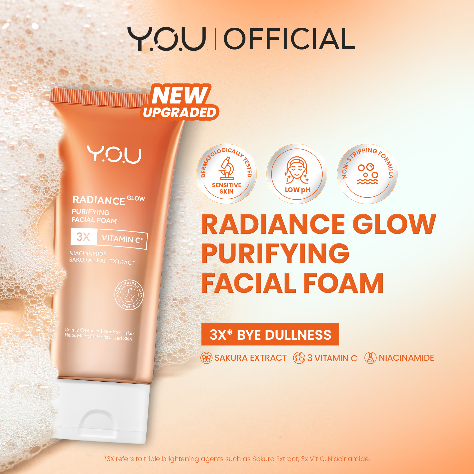 [NEW PACKAGING] YOU Radiance Glow Purifying Facial Foam Brightening Vitamin C Niacinamide Amino G...