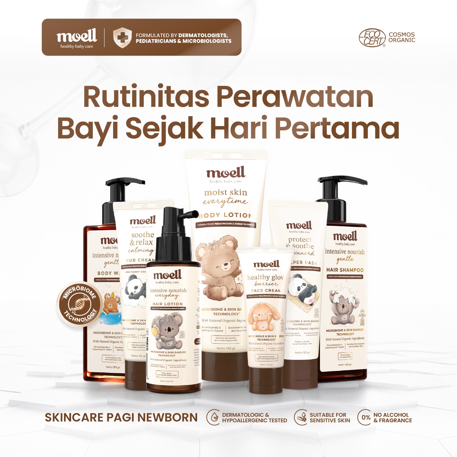 Moell Paket Skincare Pagi Newborn - Body Lotion 185gr & Body Wash 185gr & Shampoo 185gr & Face Cream 40gr & Hair Lotion 100gr & Calming Cream 50gr & Diaper Rash 50gr - Perawatan Lengkap Bayi Baru Lahir - Skincare Anak & Bayi