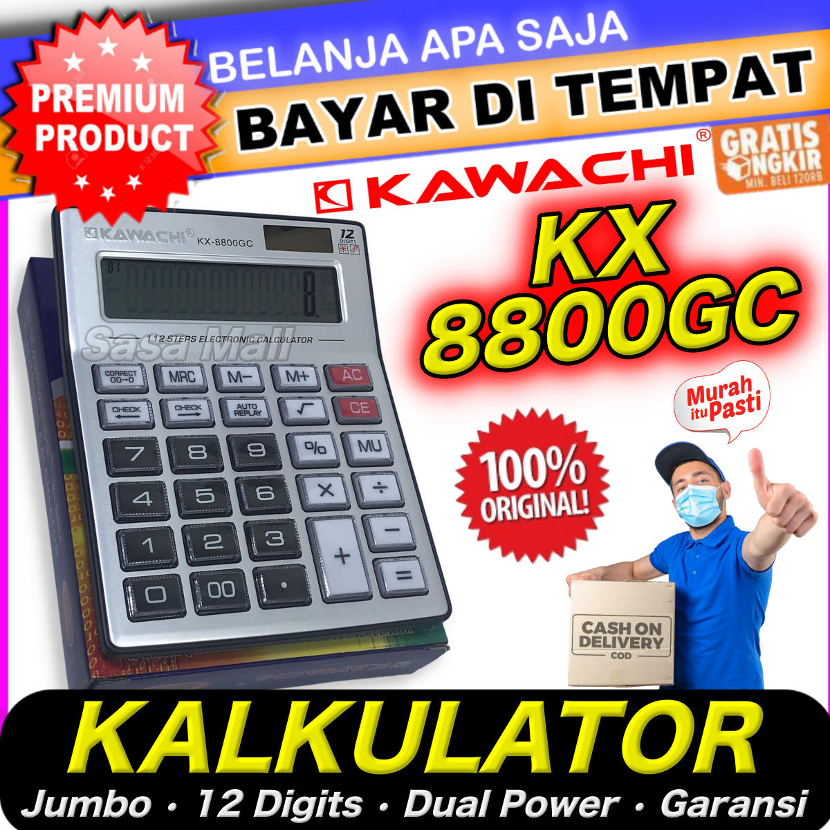 Kawachi Kalkulator Jumbo KX 8800GC 12 Digit Display Two Way Power Solar + Battery Check Correct Auto Off Financial & Business Free Battery Pad Protection Original Garansi