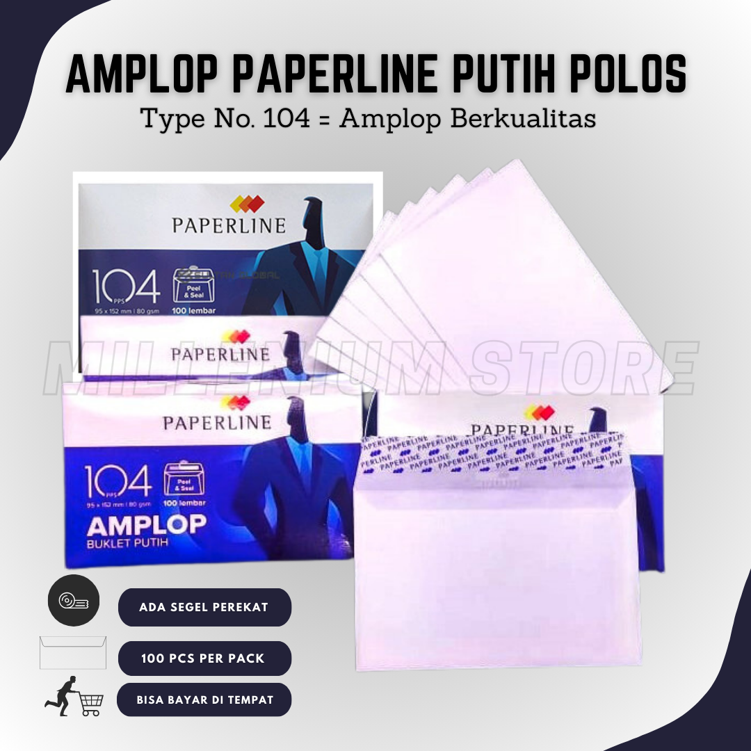 1 Box Amplop Putih Kertas Polos Paperline 104 Pps Isi 100 Pcs ( 95 x 152 Mm ) 80 Gsm / Amplop Uang Kondanngan / Amplop Surat / Sudah Ada Lem Perekat Sebagai Pengaman / Bisa Bayar Di Tempat / Millenium Store