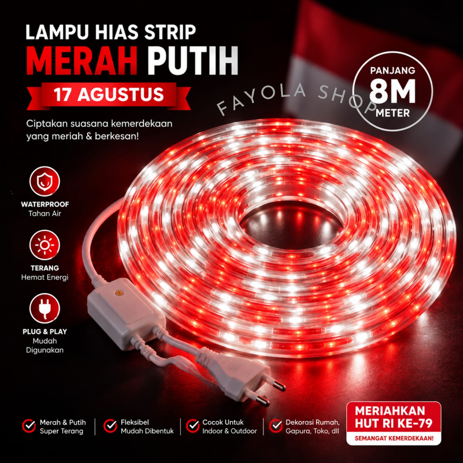 Lampu LED Strip Light 8 Meter Viral Dekorasi 17 Agustus HUT RI Lampu Hias Keren