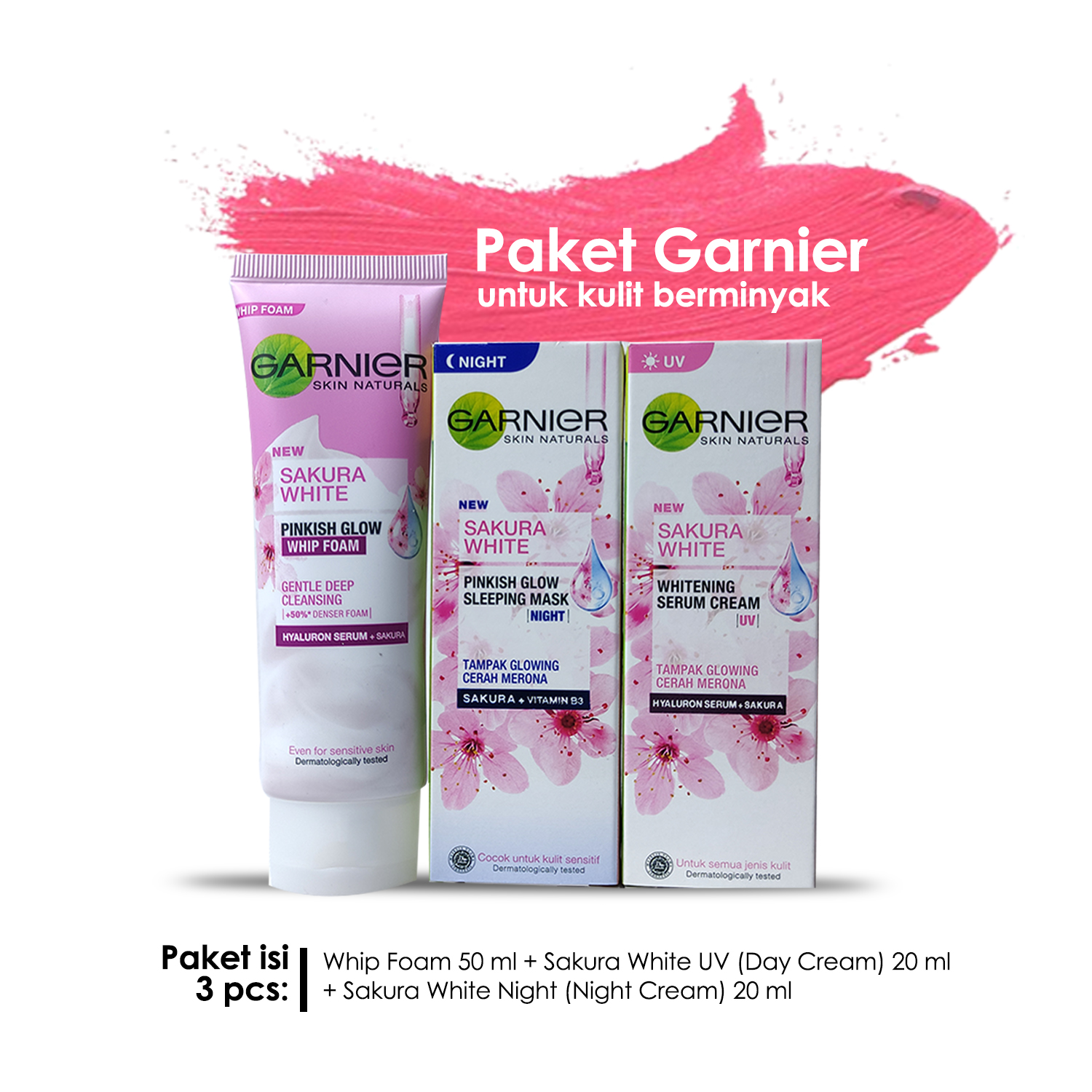 Paket Garnier Sakura 3 pcs (Whip Foam 50 ml, Sakura White UV 20 ml, Sakura White Night 20 ml) untuk Kulit Normal Berminyak