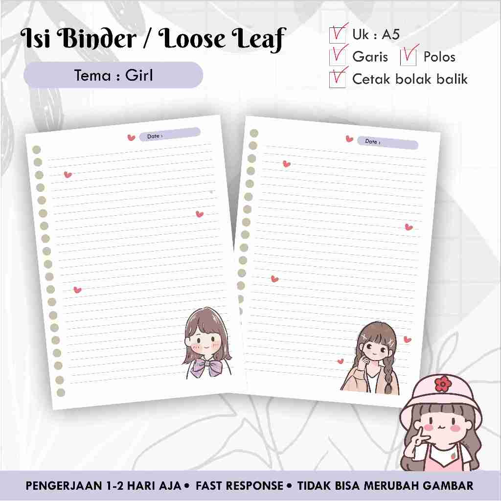 Isi Binder / Loose leaf gambar A5 Tema GIRL / Refill Map Binder / Garis Polos