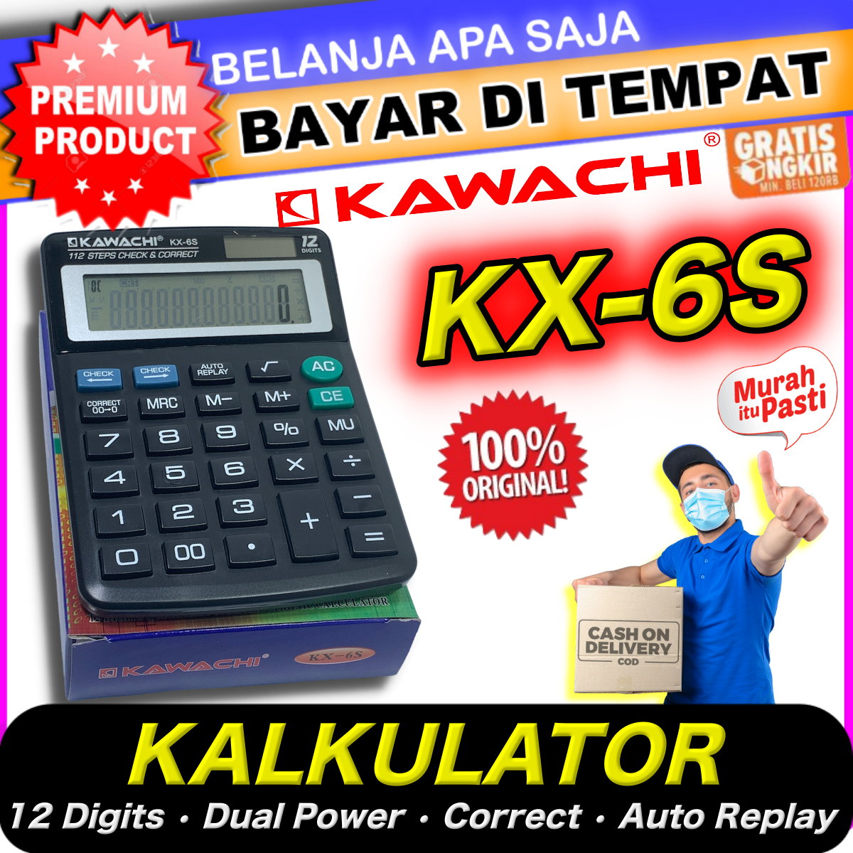 [COD] Kalkulator Kawachi KX-6S 12 Digit Electronic Calculator Digital Dual Power Solar and Battery Tombol Besar Free Baterai Auto Off Usaha Dagang Sekolah Laz COD Bisa Bayar di Tempat Sasa Mall