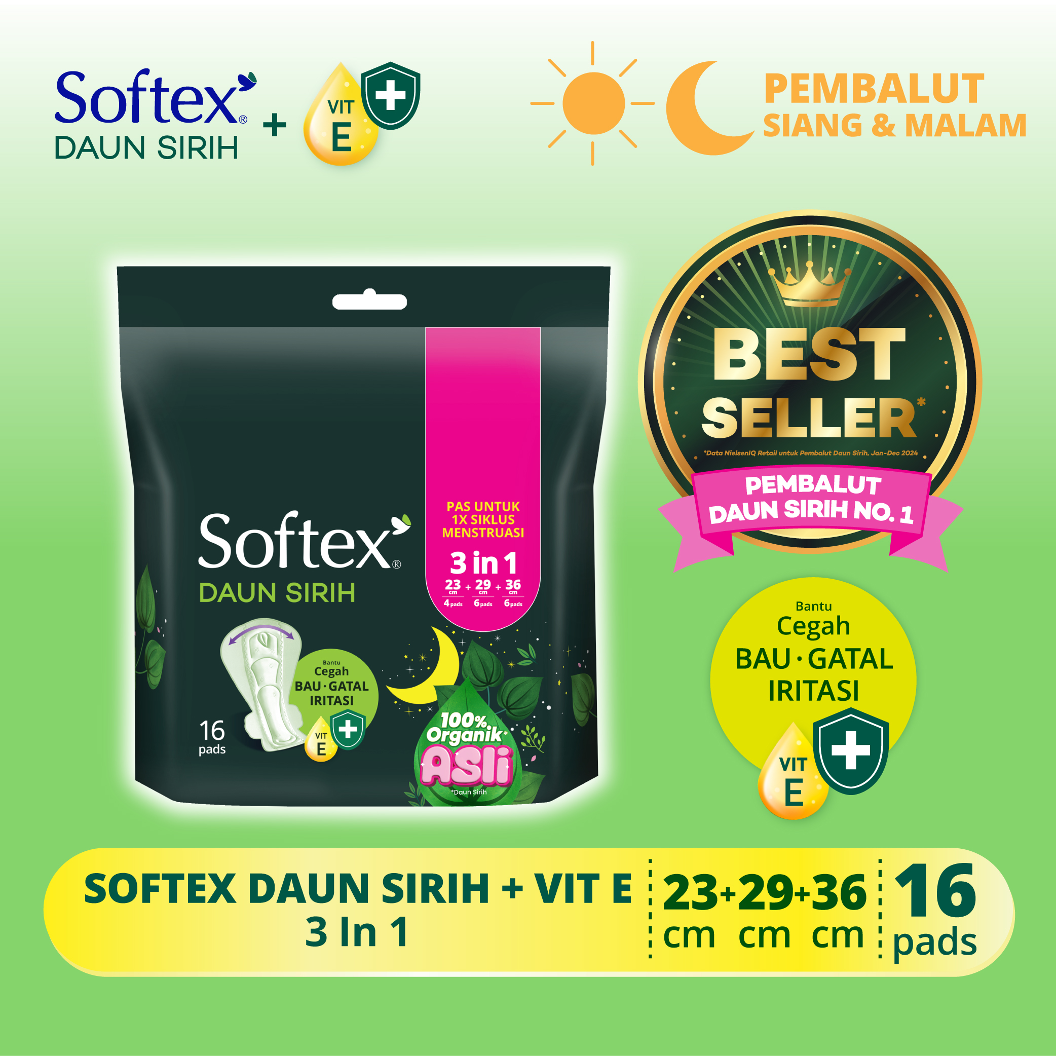 Softex Daun Sirih + Vitamin E 3in1 16s - Pembalut Daun Sirih