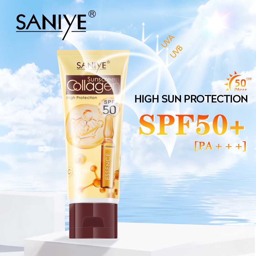 SANIYE Sunscreen Cream Sunblock Tahan Lama SPF50 PA+++ Collagen Pemutih No Whitecast Pelembab 65M...