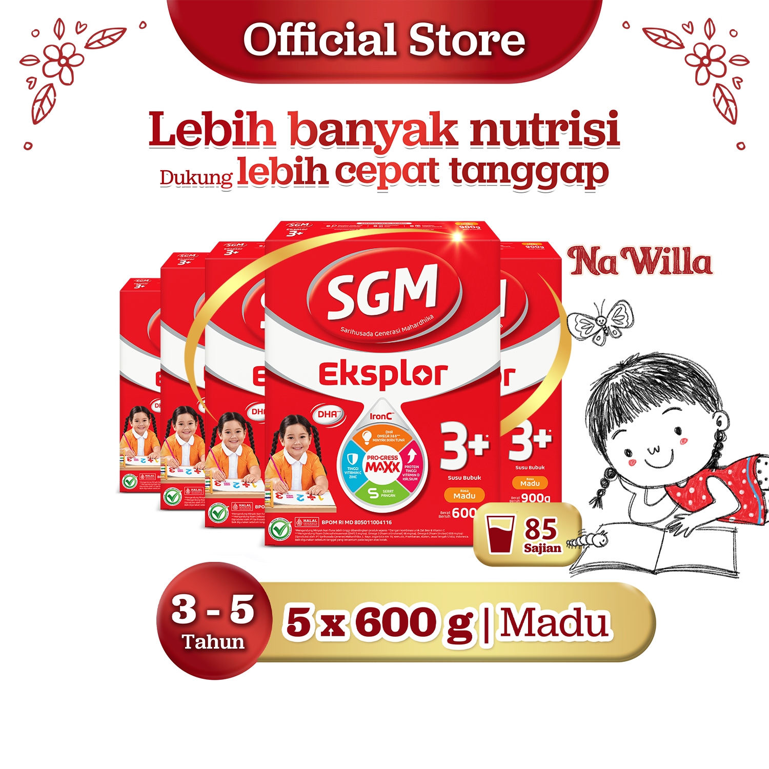 SGM Eksplor 3+ dengan IronC Susu Bubuk Rasa Madu 5x600gr - Untuk Usia 3-5 Tahun