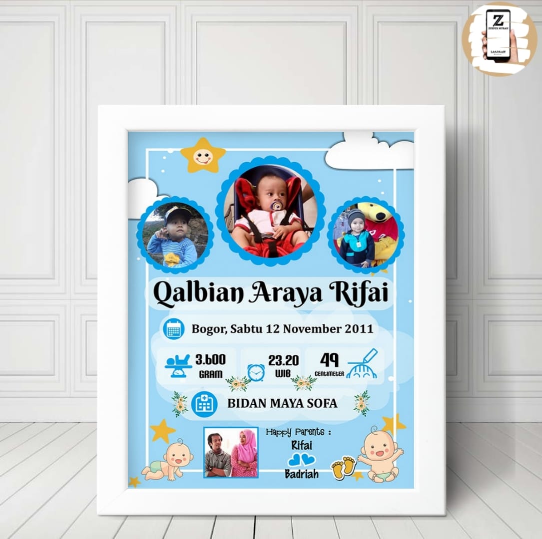 biodata kelahiran bayi dan bingkai 20x25 10r biodata kelahiran bayi plus figura putih cantik tema Langit Biru Awan COD