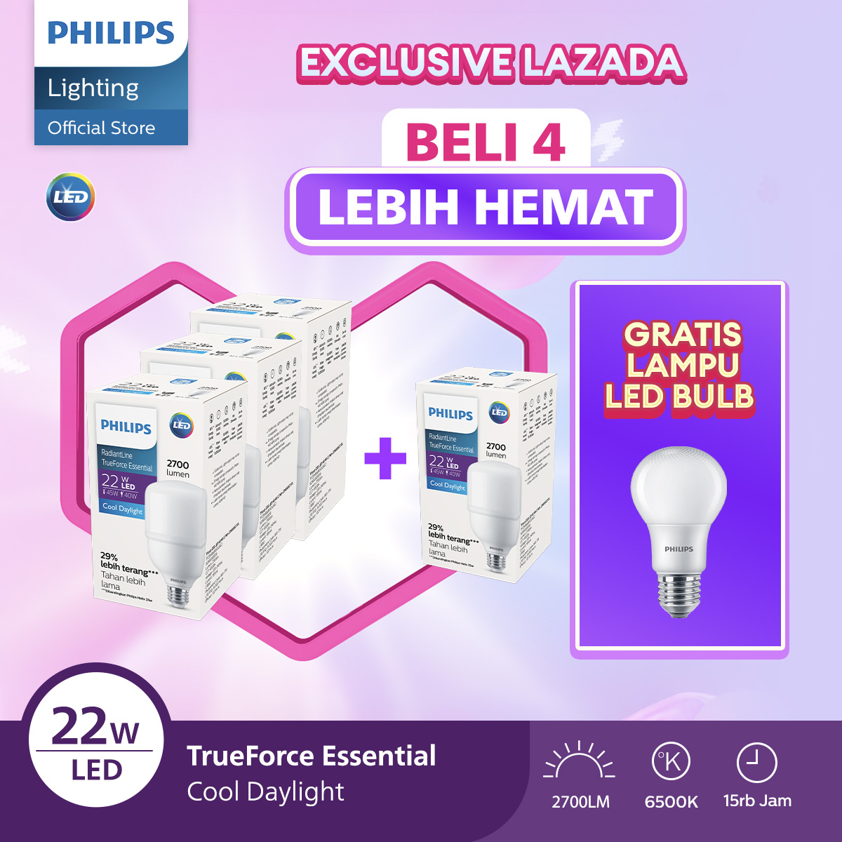 [GRATIS LAMPU] Beli 4 Lebih Hemat Philips Lampu Radiantline TrueForce 22W Putih GRATIS Lampu LED Bulb