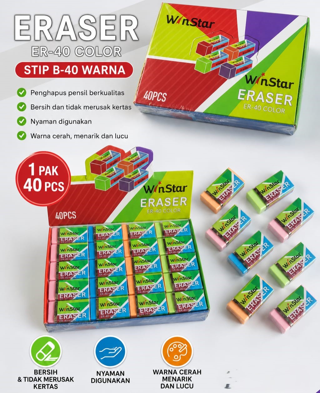 Penghapus murah (1pak/40pc) ukuran kecil/stip murah/hapusan kecil/penghapus putih/hitam/warna