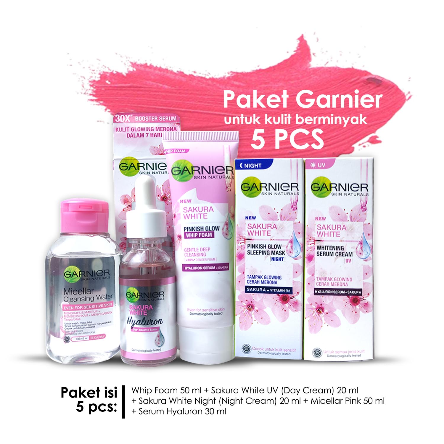Paket Garnier Sakura 5 pcs (Whip Foam 50 ml, Sakura White UV 20 ml, Sakura White Night 20 ml, Micellar pink 50 ml, Serum Hyaluron 30 ml) untuk Kulit Normal Berminyak