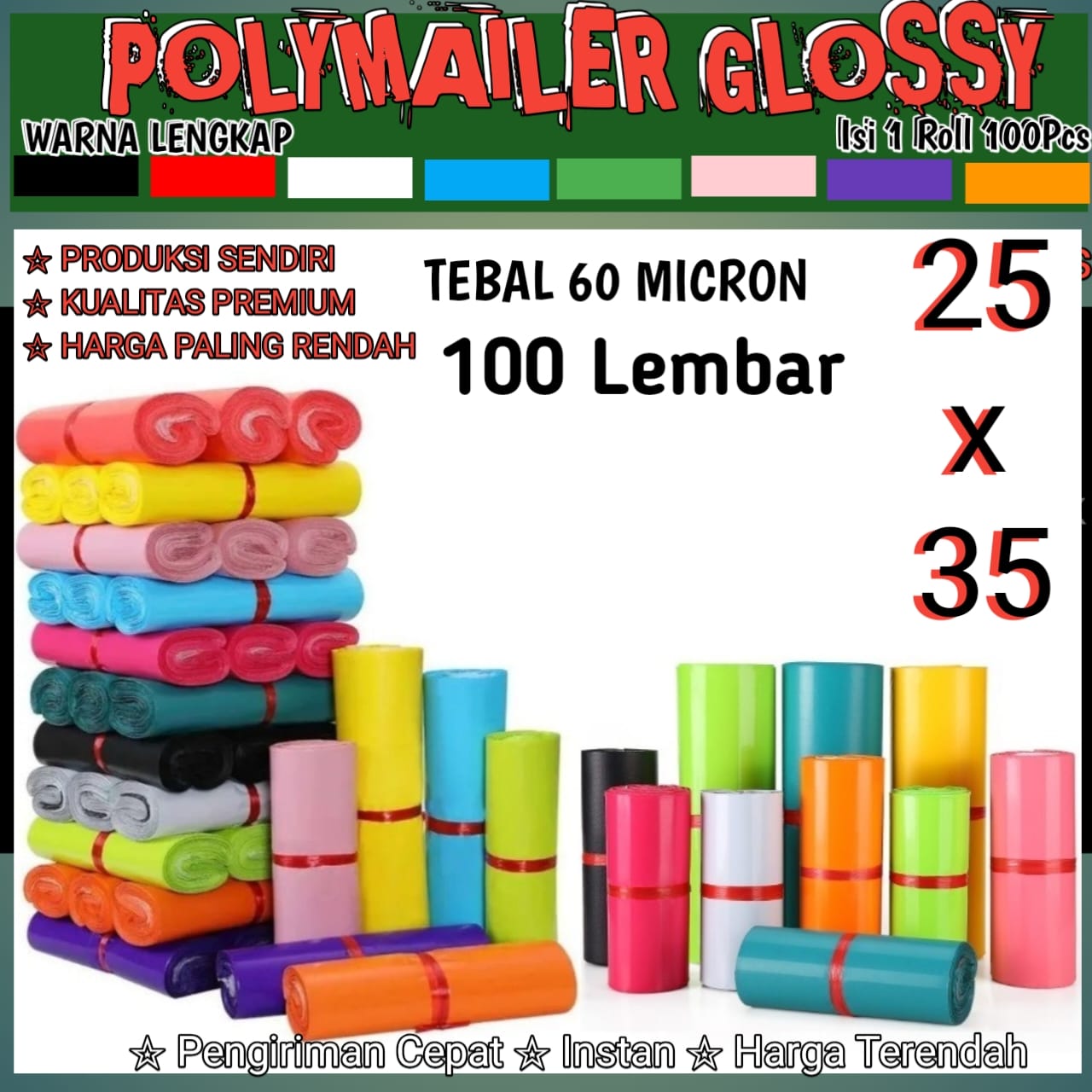 Plastik Polymailer Glossy 25x35 Isi 100 Pcs Warna Hitam Putih Biru Ungu Silver Orange Hijau Kuning