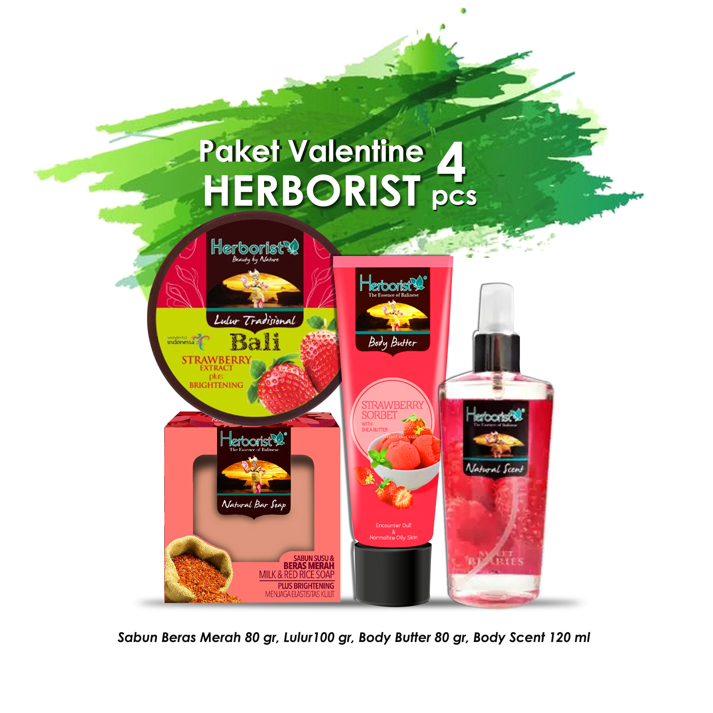 Paket Herborist Strawberry / Zaitun 4 pcs (Sabun Beras 80 gr, Body Butter 80 gr, Lulur 100 gr, Body Scent 120 ml)