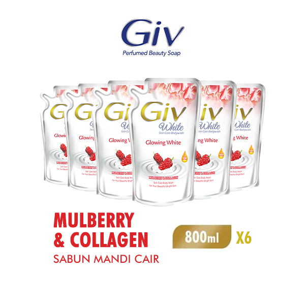 [Paket isi 6] Giv White Sabun Mandi Cair Mulberry Pouch 800ml