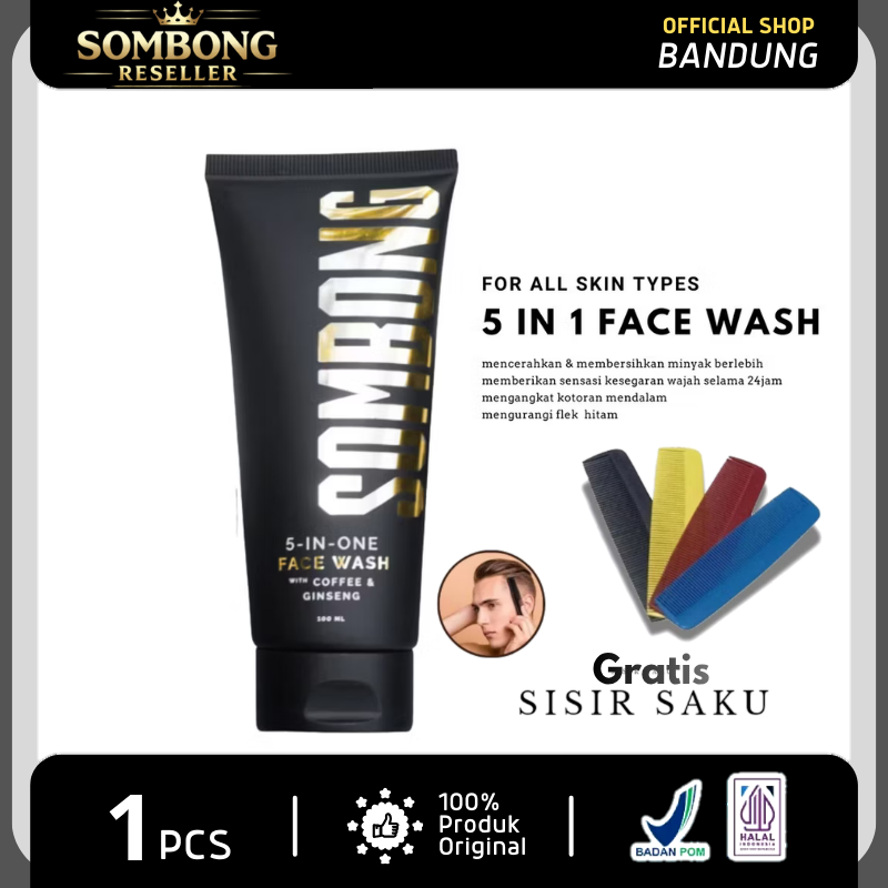 SOMBONG 5-in-1 Face Wash With Coffee & Ginseng Sabun Cuci Muka Pembersih Wajah Pria Kusam 100ml
