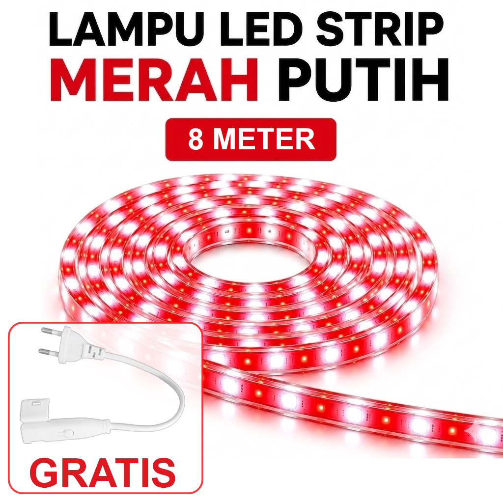 COSCO SEPHIA Lampu LED Strip Selang paket merah putih 2835 220V + Adaptor Kedip 6M 8M 10M Outdoor Led Strip Agustus Lampu Hias