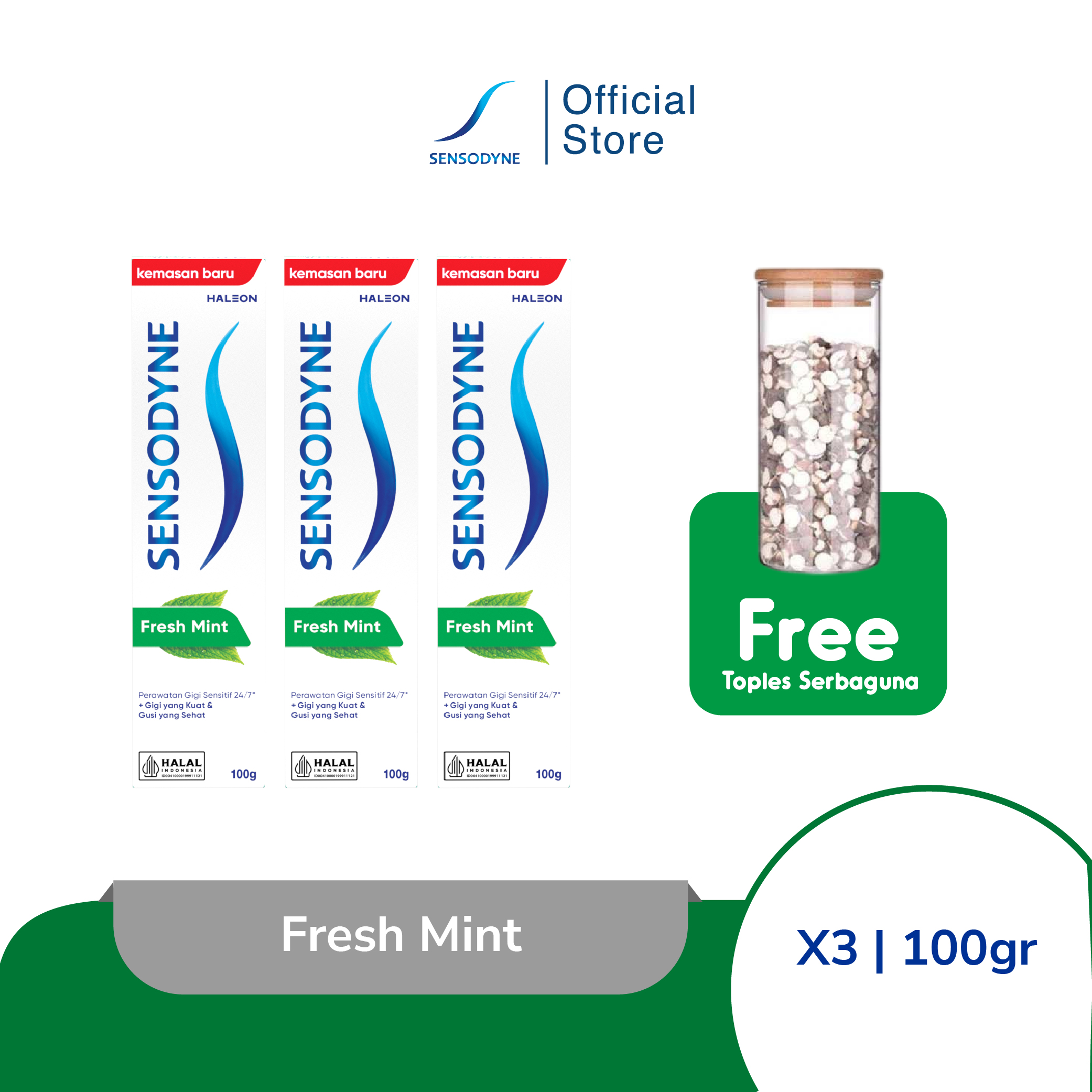 Sensodyne Toothpaste Pasta Gigi Sensitif Nafas Segar Fresh Mint 3x100gr [TRIPLEPACK] Free Toples Kue