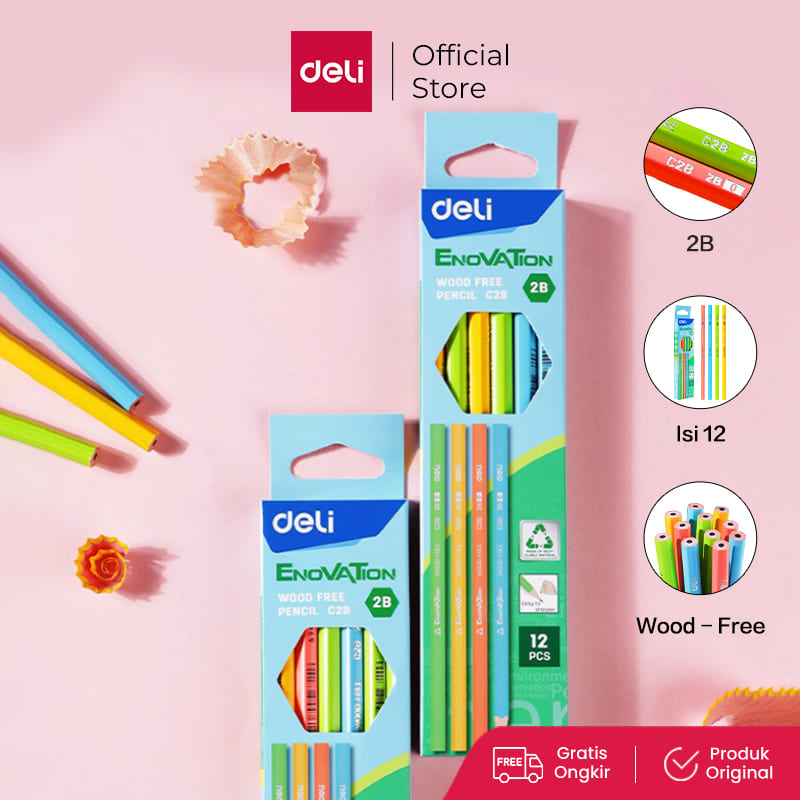 Deli Wood Free Pencil / Pensil 2B Isi 12 Ramah Lingkungan Bahan Daur Ulang EC28