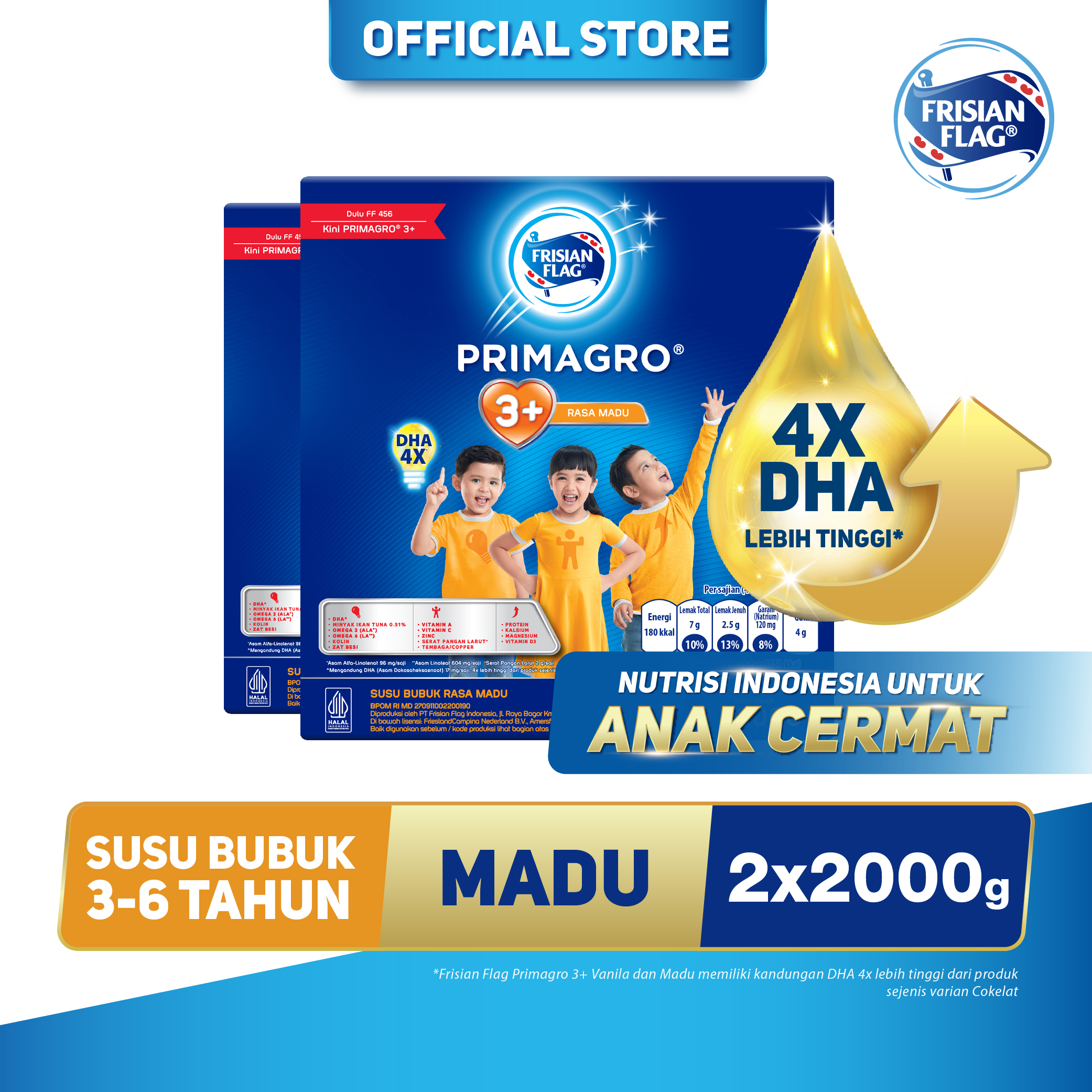 [Paket isi 2] Frisian Flag Primagro 3+ Madu 2000gr Susu Formula Pertumbuhan Anak