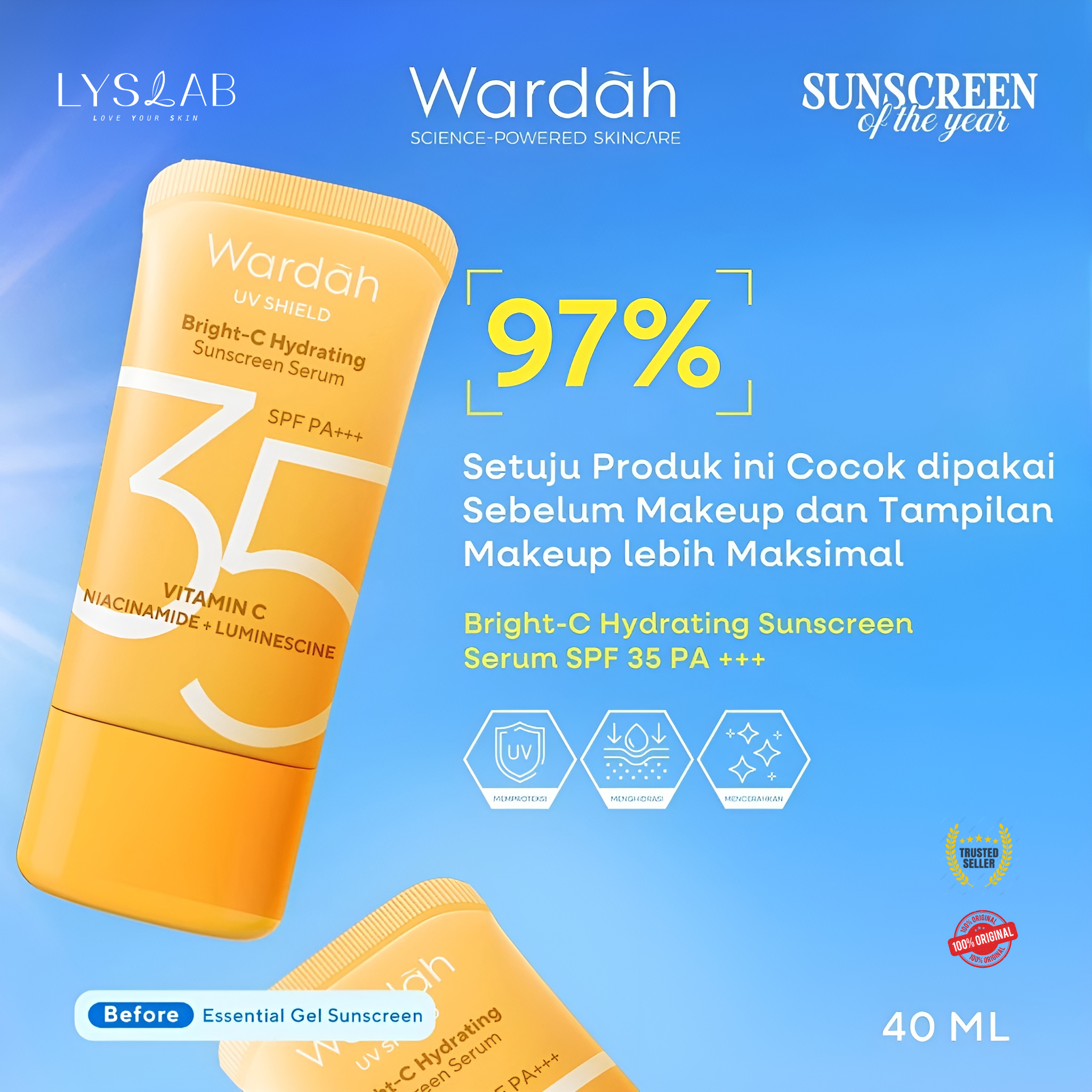 Wardah UV Shield Bright-C Hydrating Sunscreen Serum SPF 35 PA - Facial Sunscreen Tabir Surya Waja...