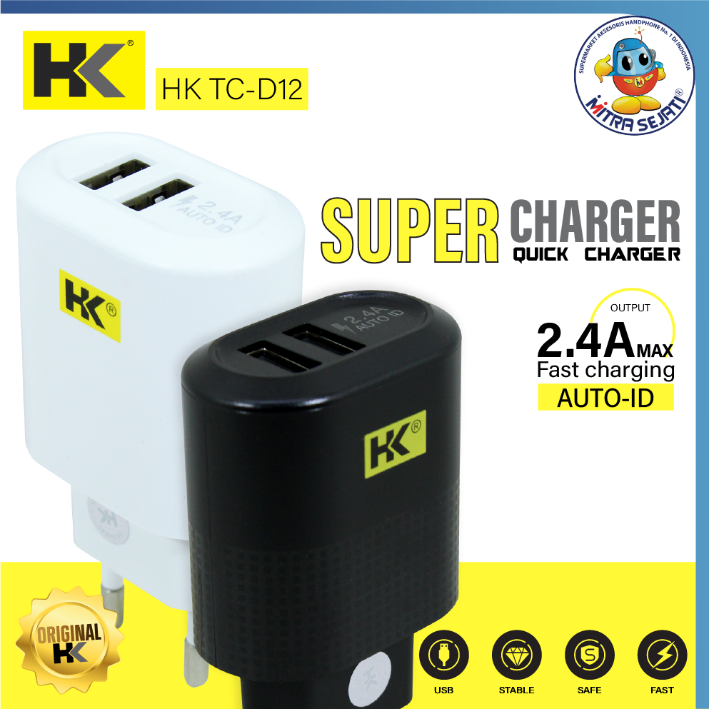 HK Adaptor Charger TC-D12 AUTO-ID Fast Charging 2USB + Kabel Micro USB/Kabel Type-C