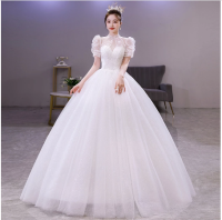 Gaun Pengantin Pernikahan Berpayet Manik Applique Renda Mewah Leher Tinggi Lengan Puff Ilusi