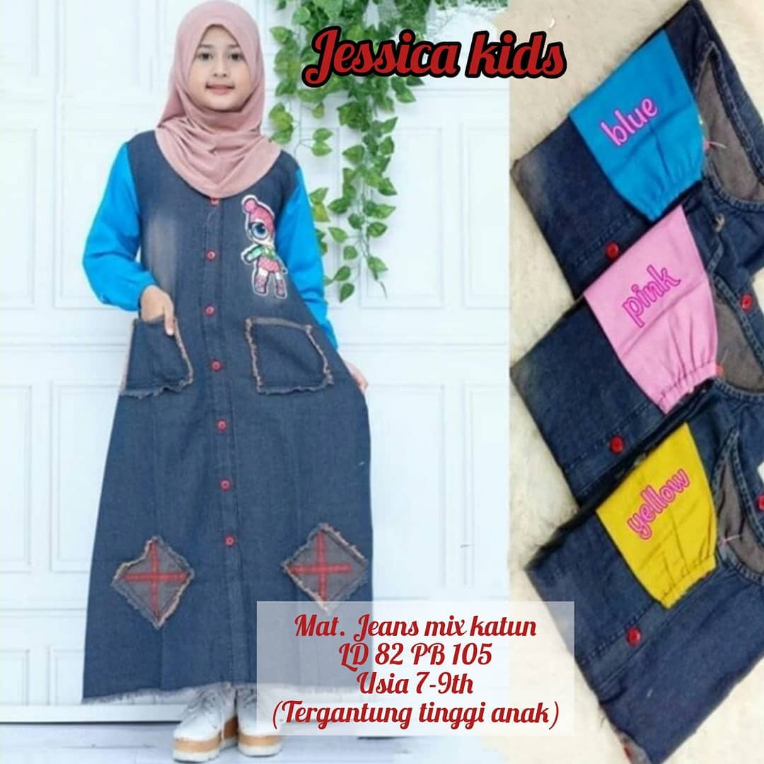 Baju Muslim Modern JESSICA DRESS KIDS BO 7 - 9 Tahun JEANS MIX KATUN  Gamis Anak Perempuan Jeans Terbaru 2021 Modern Gamis Jeans Kids Gamis Anak Tanggung Kekinian