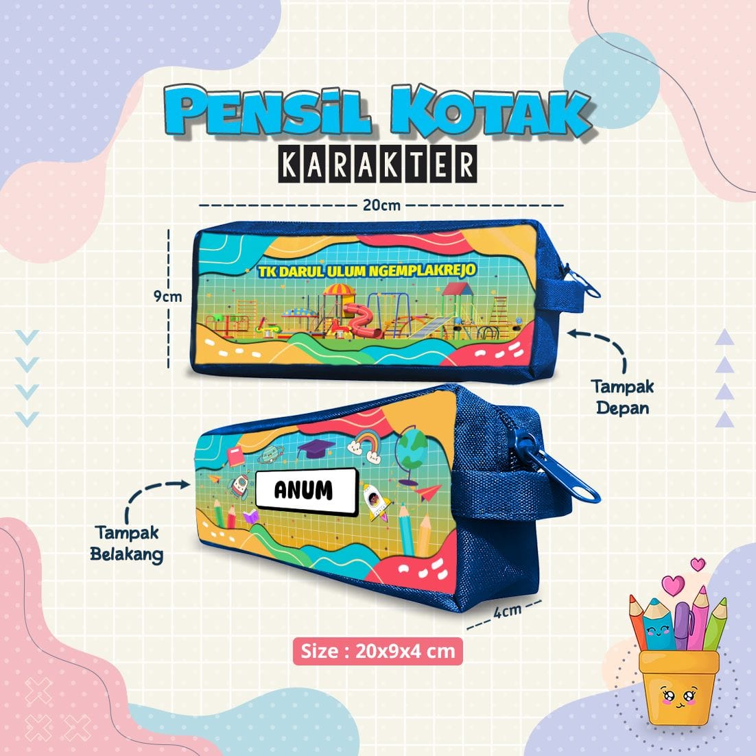Tempat Pensil Kotak Panjang Custom 2 SIsi (Gambar Depan Belakang Beda)