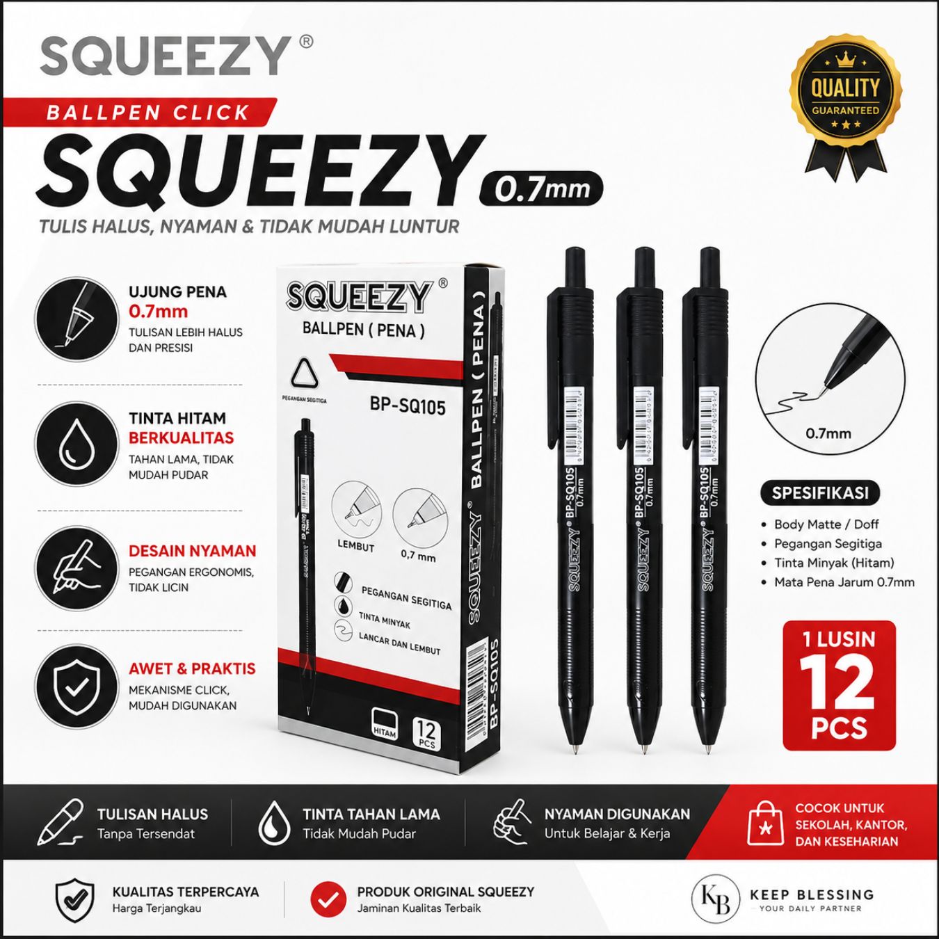 Paket 1 lusin (12pcs) Ballpen Pena BP-SQ105 Squeezy / Gelpen Hitam 0.7mm / Bayar di Rumah / Keep Blessing