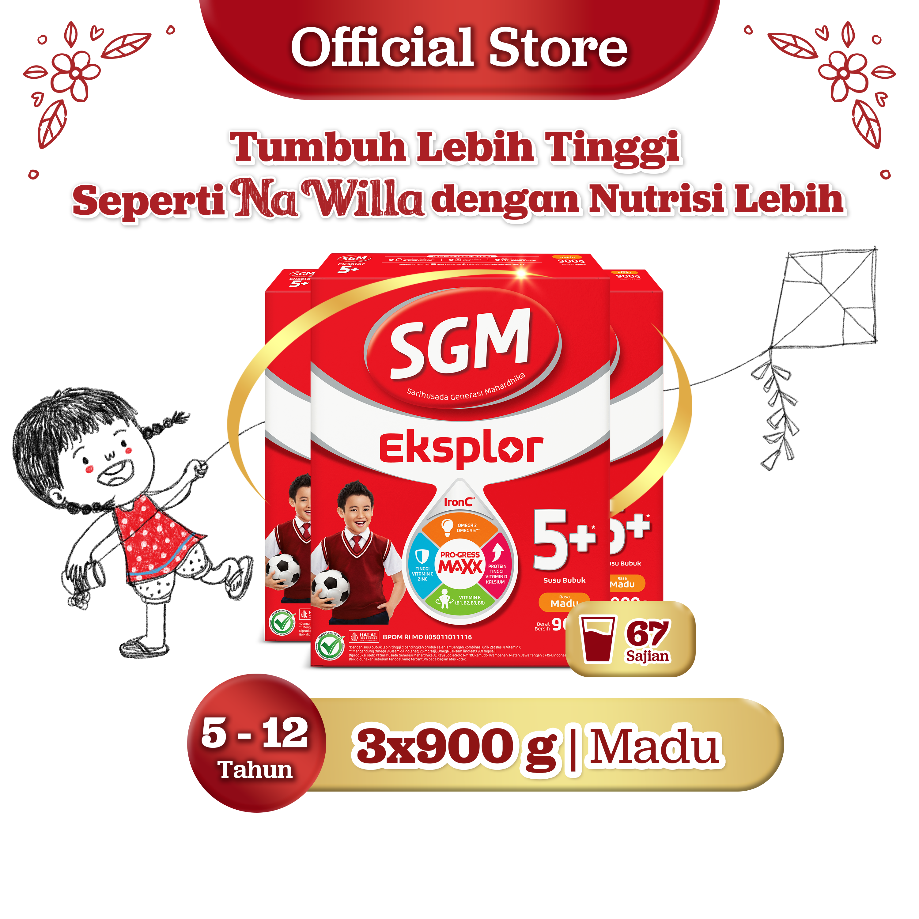 SGM Eksplor 5+ dengan IronC Susu Bubuk Rasa Madu 3x900gr - Untuk Usia 5-12 Tahun