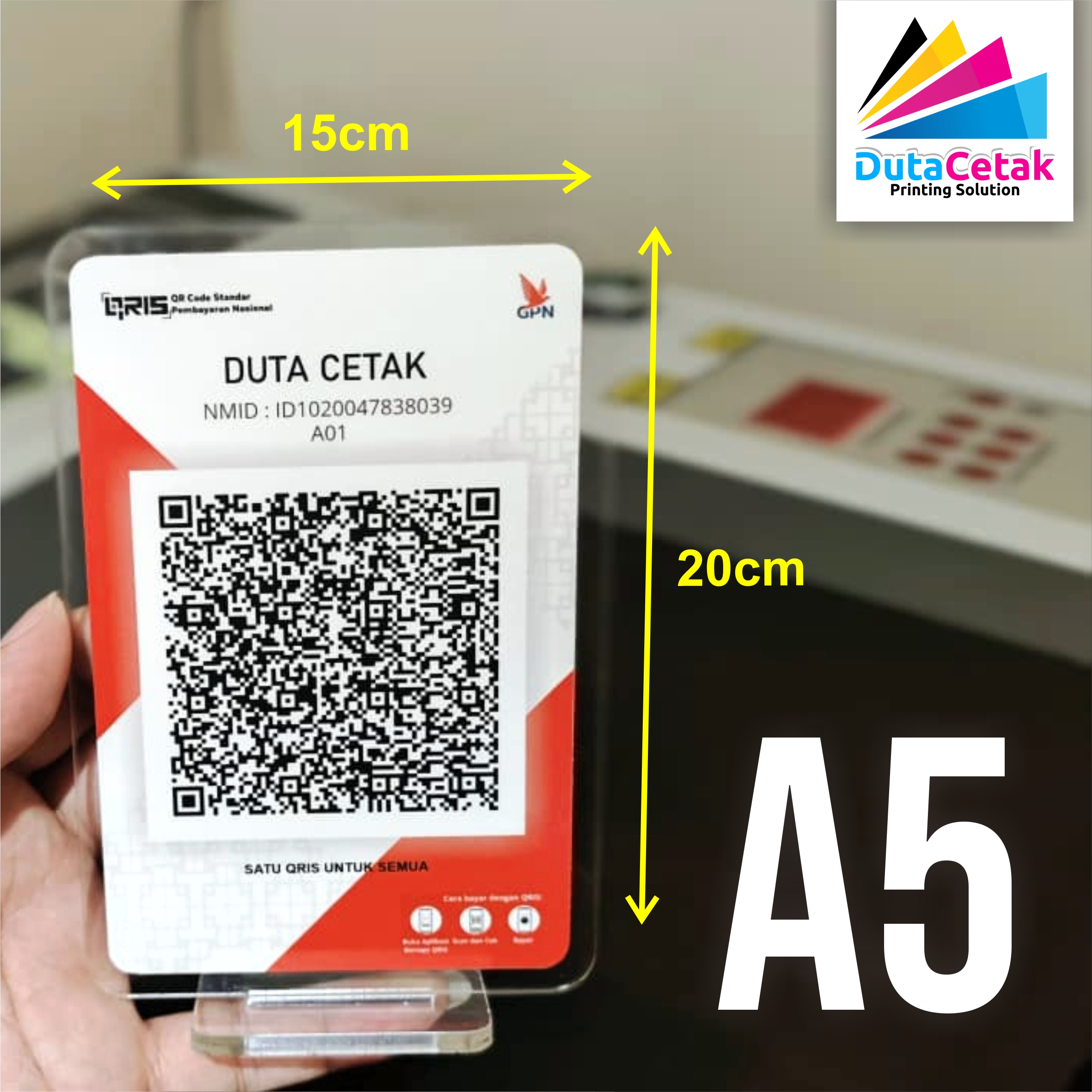 Cetak QRIS 2 Sisi Ukuran A5/A6 + Dudukan Akrilik / Stand Akrilik Meja