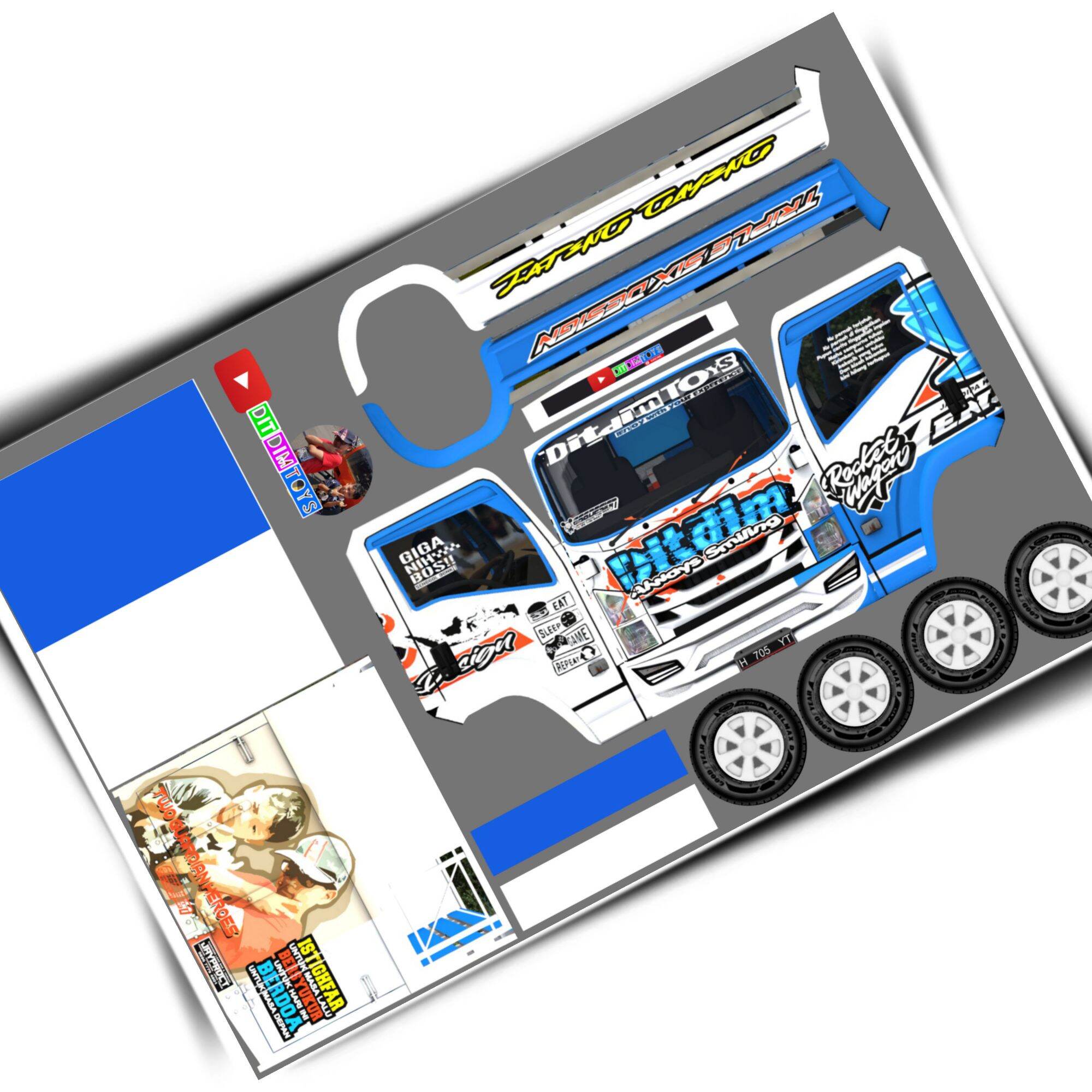 Stiker Pola miniatur truk oleng ditdim biru ukuran 48cm