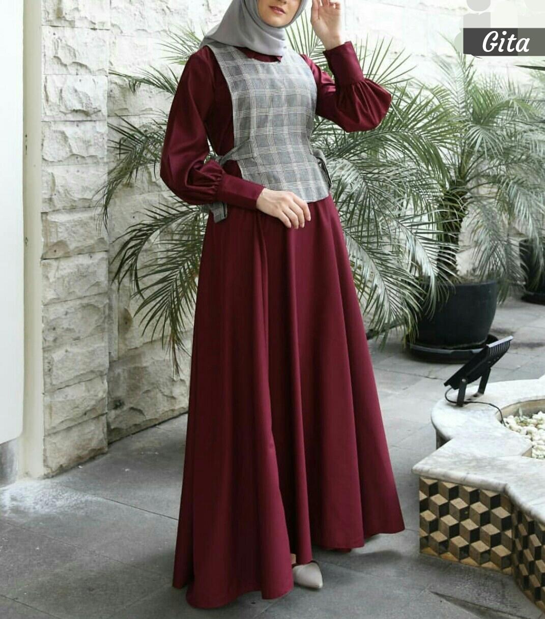 Baju Muslim Modern Gamis GITA MAXY Bahan MOSSCRAPE MIX KATUN KOTAK Baju Gamis Terusan Wanita Paling Laris Dan Trendy Baju Panjang Polos Muslim Dress Pesta Terbaru Maxi Muslimah Termurah Pakaian Modis Simple Casual Terbaru 2019