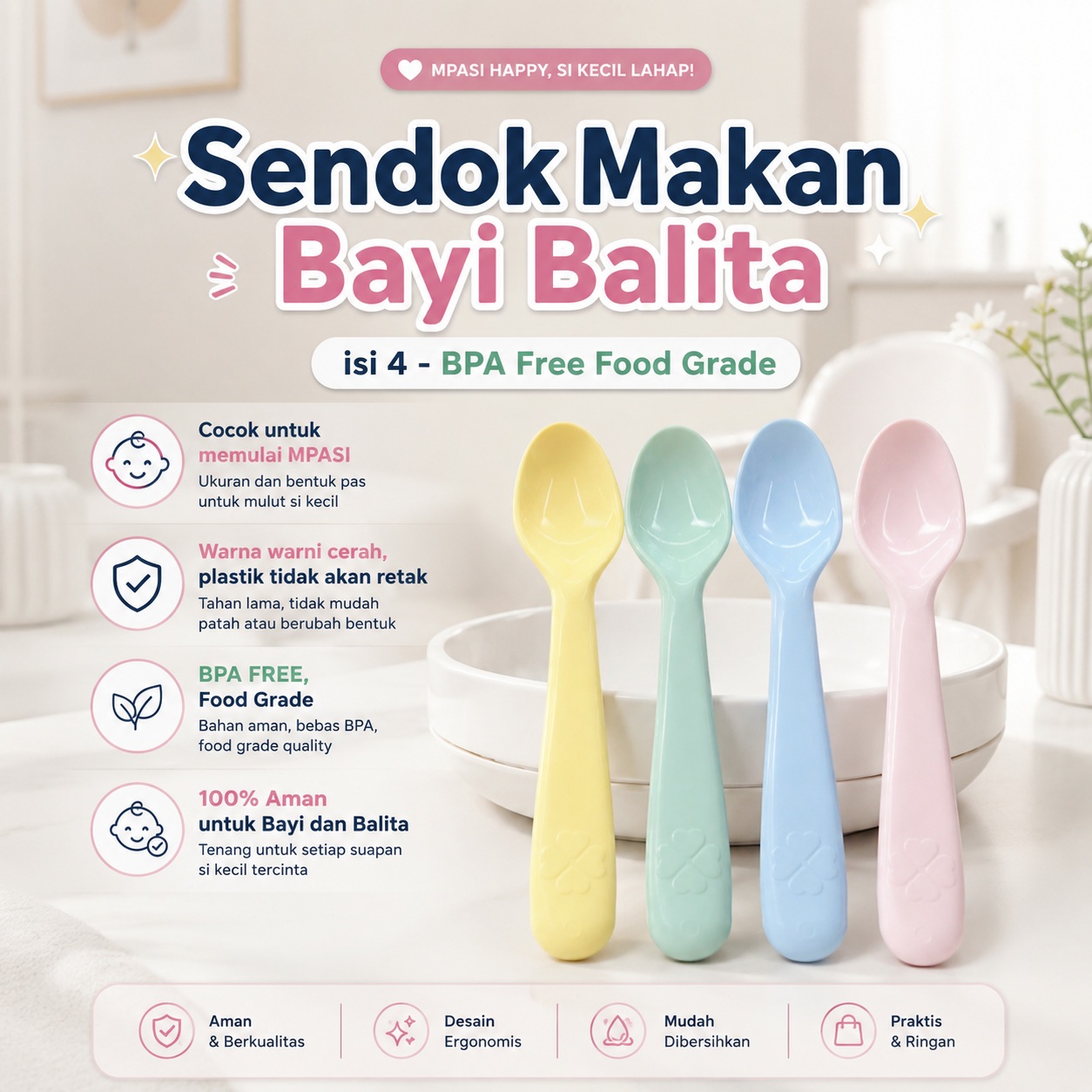 913 -Sendok Makan Bayi Balita isi 4 BPA Free Colorful Baby Spoon Cutlery Set
