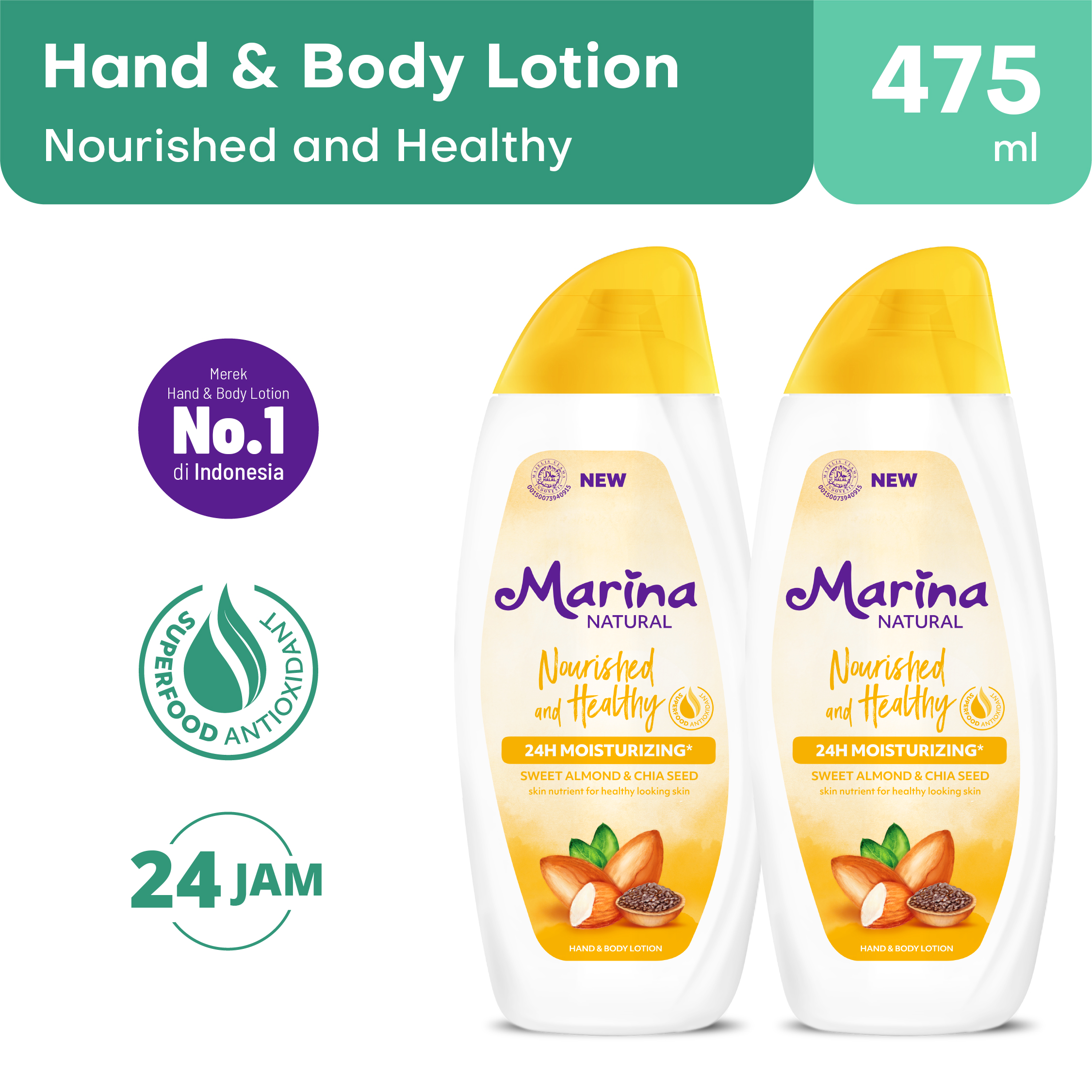 Twin Pack Marina Hand Body Lotion Natural 475 ml - Nourished Healthy [2 pcs] - Exp : 10.2027