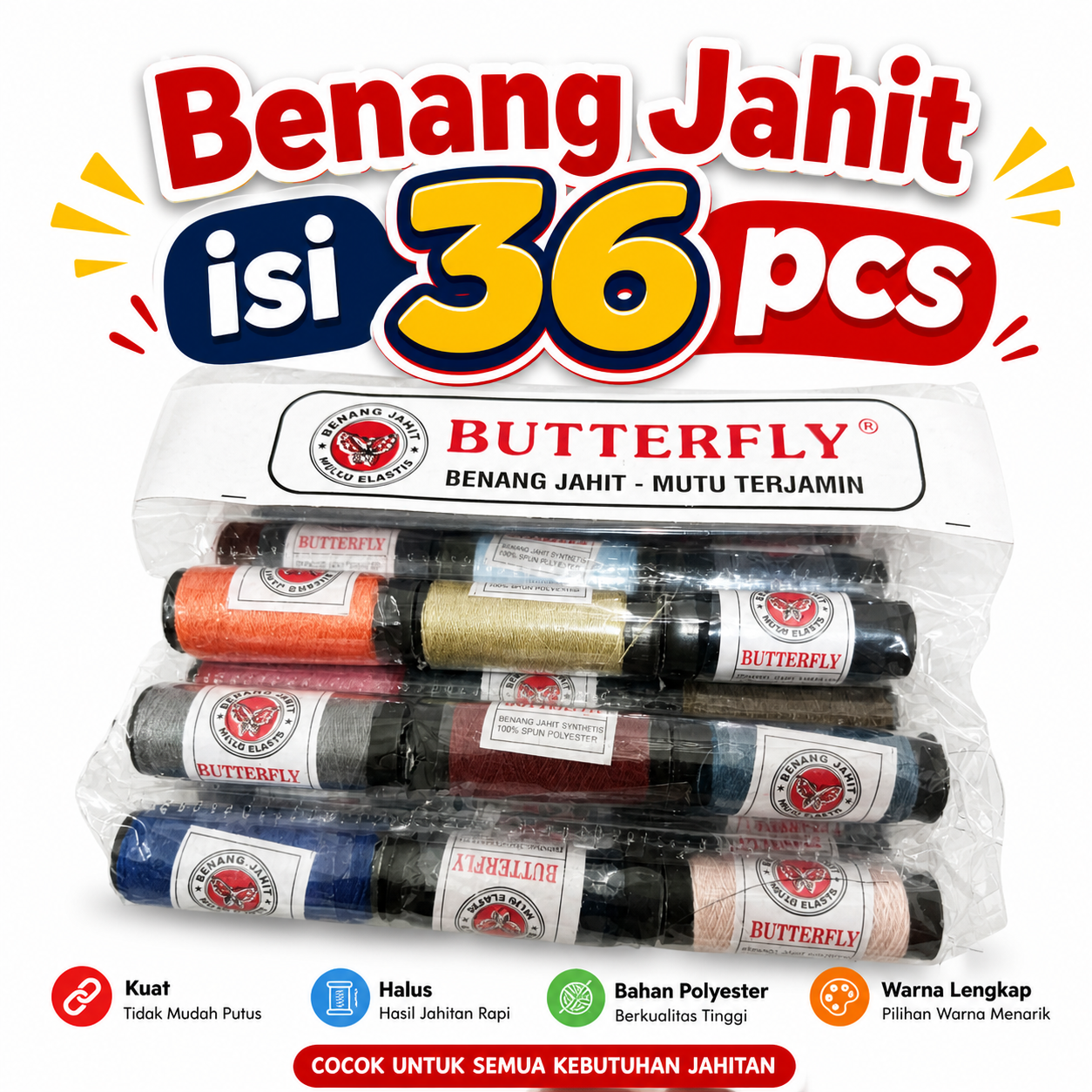 Benang Jahit Butterfly 1 Renceng 36 Pcs warna warni