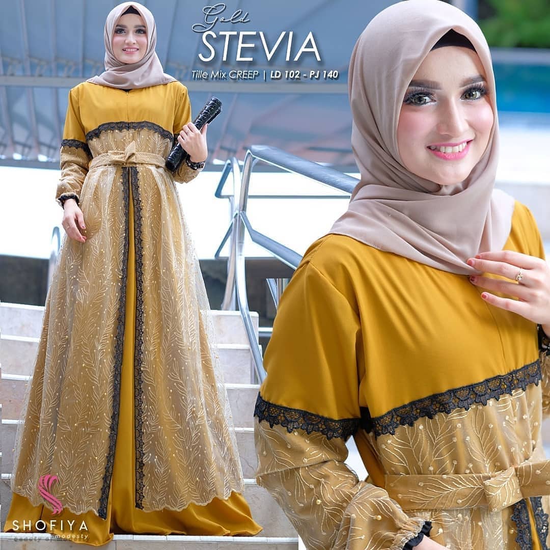 Baju Muslim Modern Gamis STEVIA DRESS Moscrepe Mix Brukat Premium Aplikasi Renda + Mutiara Baju Gamis Terusan Wanita Paling Laris Dan Trendy Baju Panjang Polos Muslim Dress Pesta Terbaru Maxi Muslimah Termurah Pakaian Modis Simple Casual Terbaru 2019