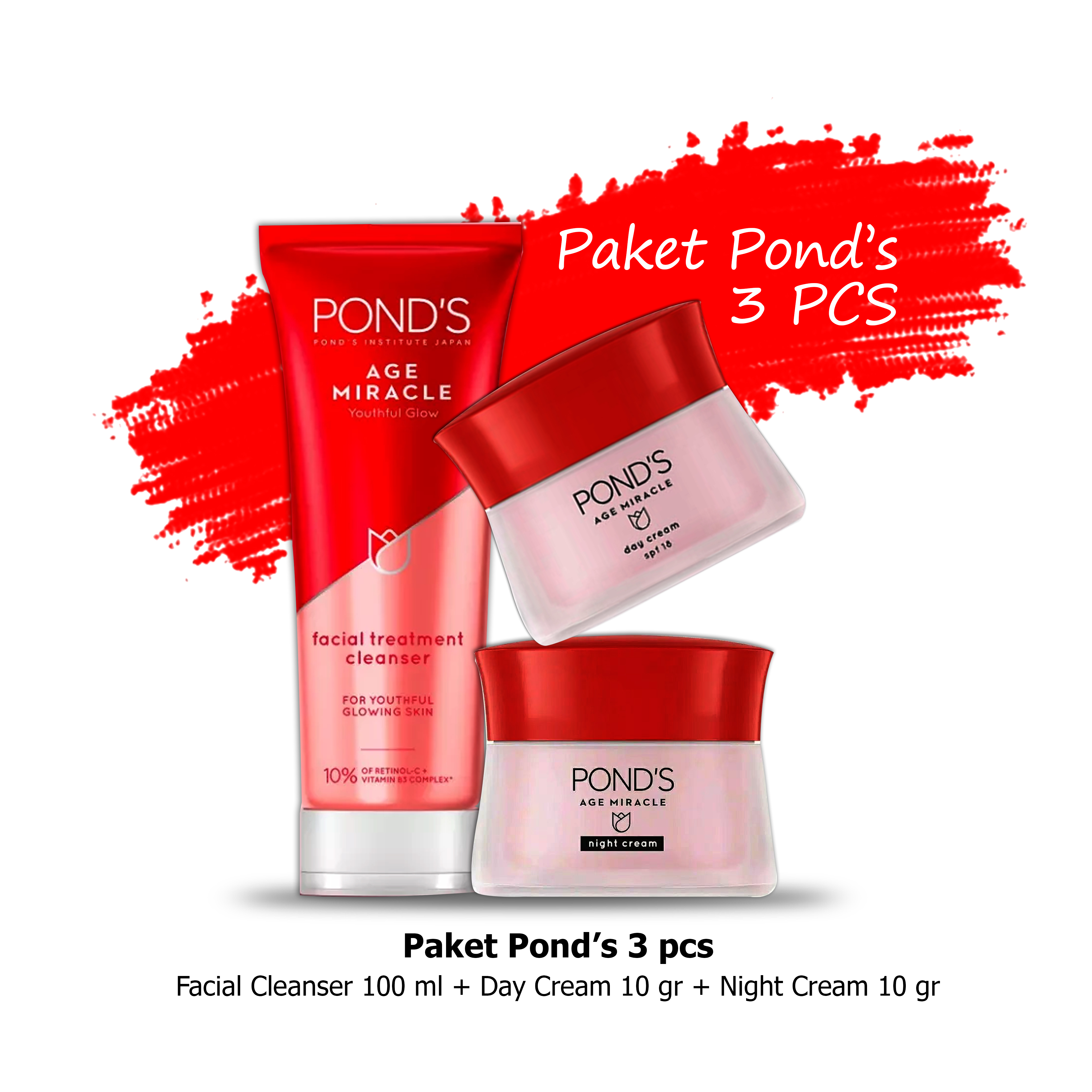 Paket Ponds Age Miracle 3pcs (Facial Cleanser 100 ml, Day Cream 10 gr, Night Cream 10 gr) Perawatan Anti Aging