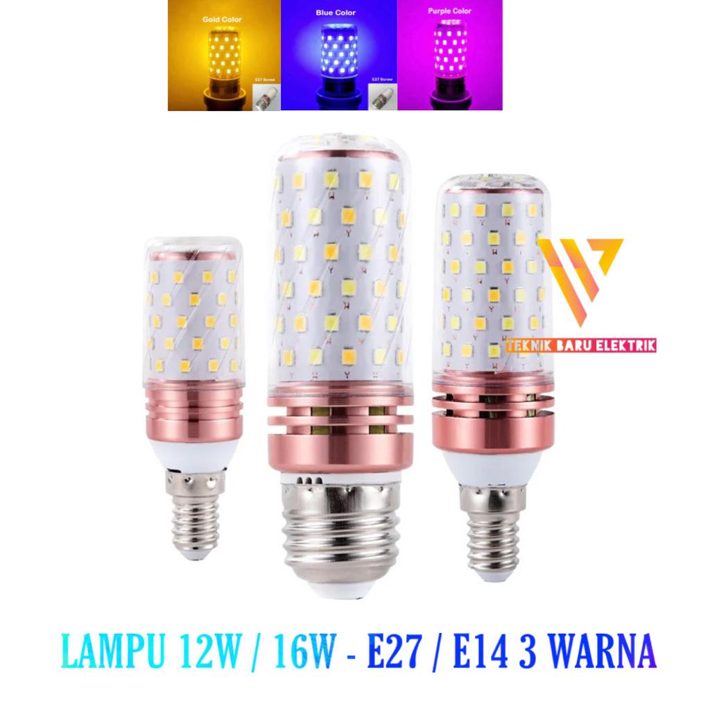 LAMPU JAGUNG 3 WARNA 12W 16W E14 E27 KUNING BIRU UNGU NO FLIKER BOHLAM GARANSI BOHLAM HIAS