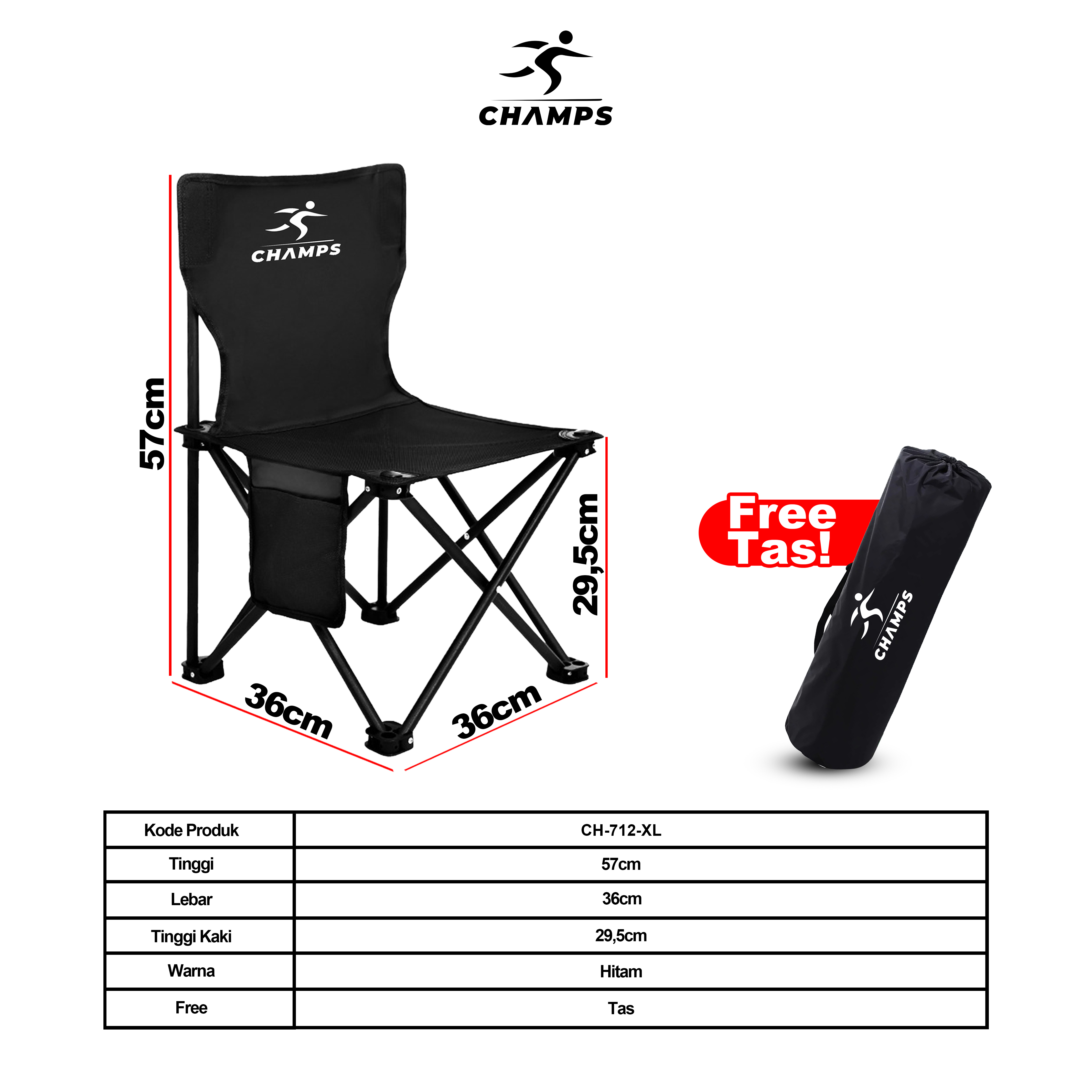 CHAMPS Kursi Lipat Outdoor Hitam Jumbo L-XXXL – Oxford Tebal Tas Gratis Cocok Camping & Mancing