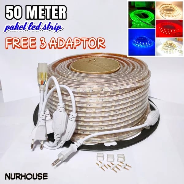 led strip Ac 220v paket 50 meter lampu selang led lampu hias plafon free 3 adaptor