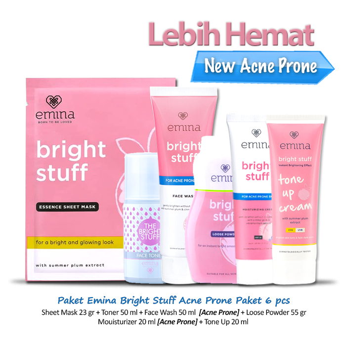 Paket Lengkap Skincare Emina Bright Stuff Acne Prone 6 pcs (Sheet Mask 23 gr - Toner 50 ml - Face Wash [Acne Prone] - Loose Powder 55 gr - Mouisturizer 20 ml [Acne Prone] - Tone Up 20 ml)