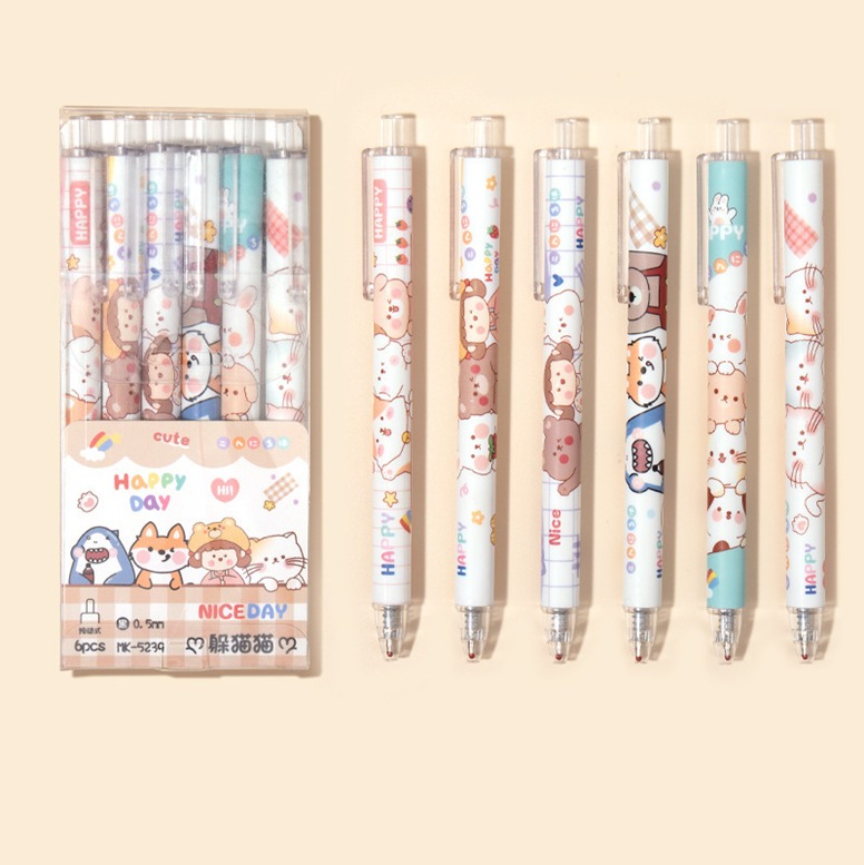 Indo - Pulpen Gel Mekanik Lucu Karakter / Set Pulpen Gel 6 Pcs / Ballpoint Mekanik Pulpen Set Isi 6 PCS / Pulpen Gel Lucu